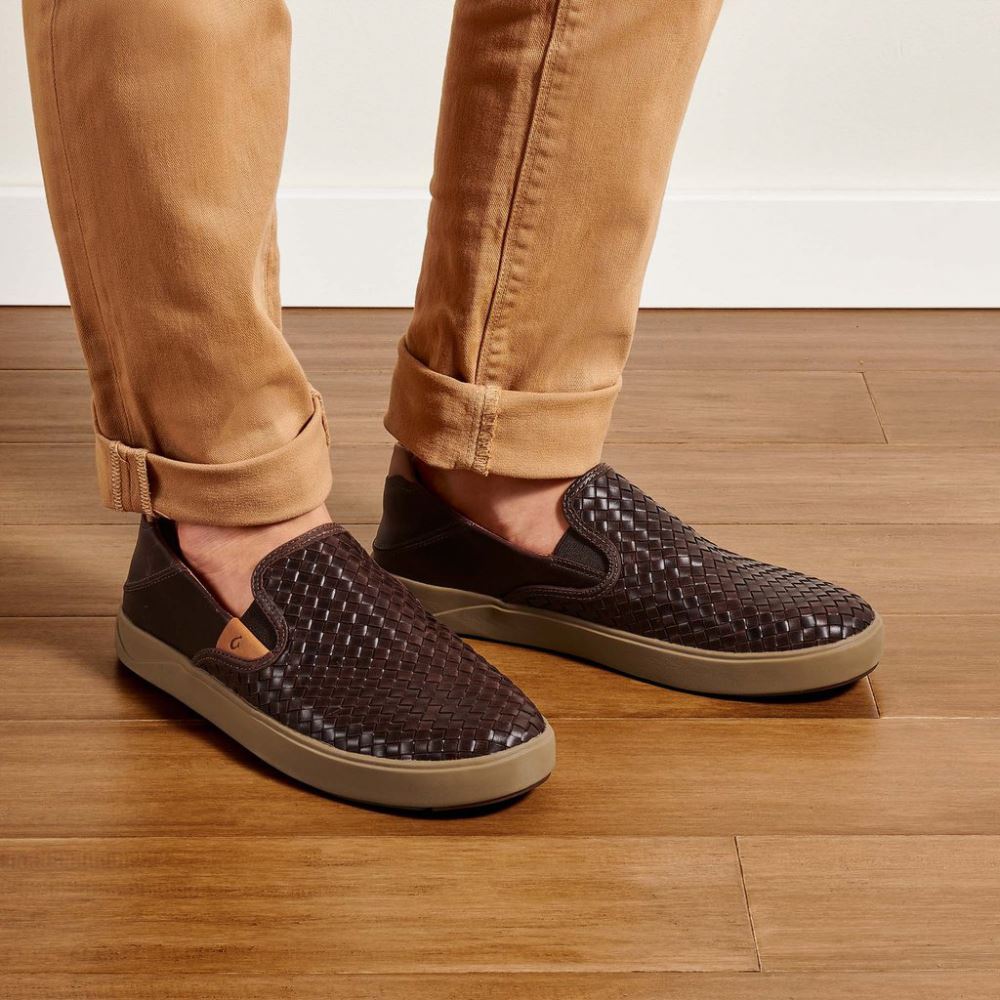 Lae'ahi Lauhala Men's Leather Slip-On Sneakers - Dark Wood