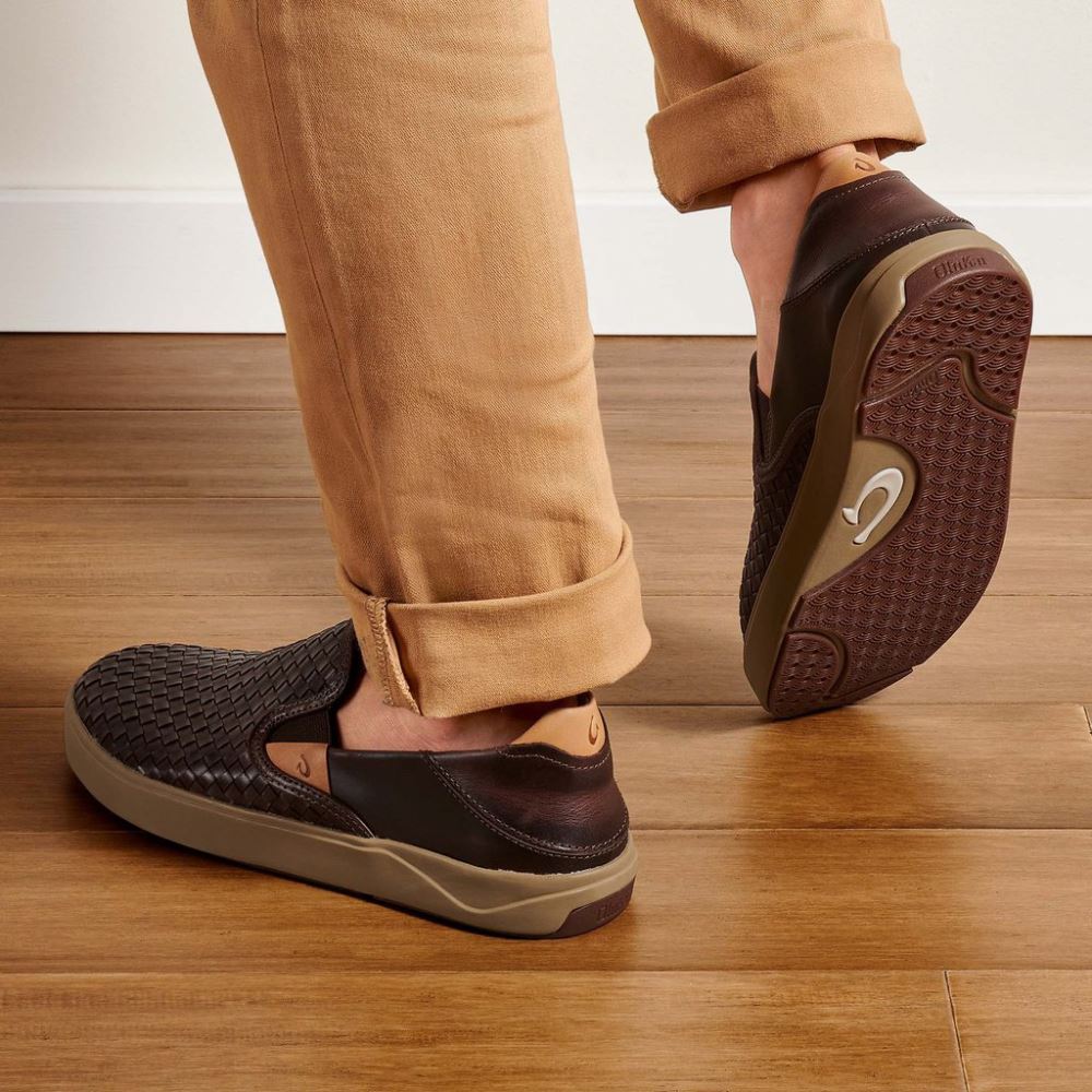 Lae'ahi Lauhala Men's Leather Slip-On Sneakers - Dark Wood