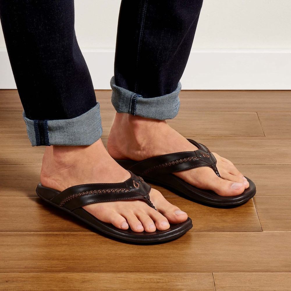 Mea Ola Men's Leather Beach Sandals - Dark Java