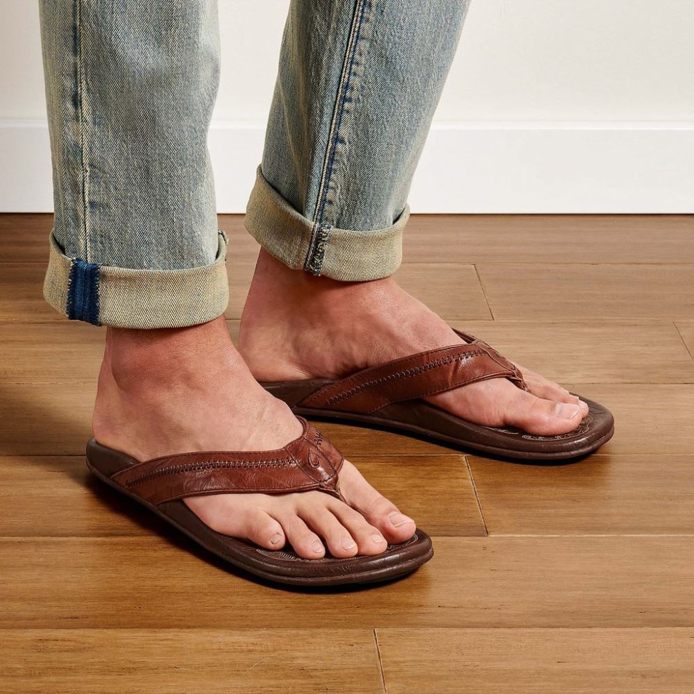 Hiapo Men's Leather Sandals - Rum / Dark Wood