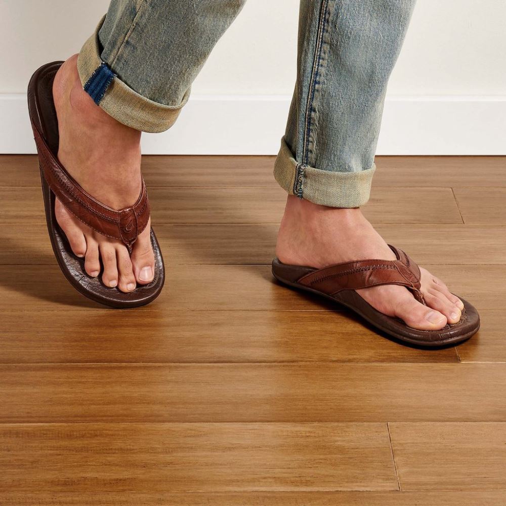 Hiapo Men's Leather Sandals - Rum / Dark Wood