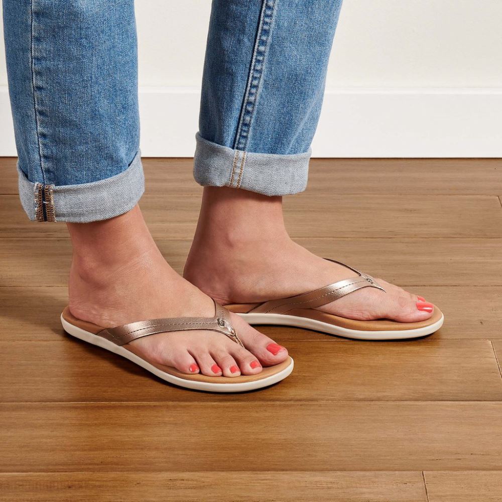 Honu Women's Leather Flip Flops - Pink Copper / Sahara