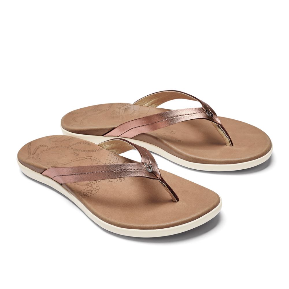 Honu Women's Leather Flip Flops - Pink Copper / Sahara