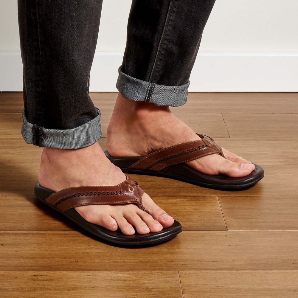 Mea Ola Men's Leather Sandals - Tan / Dark Java