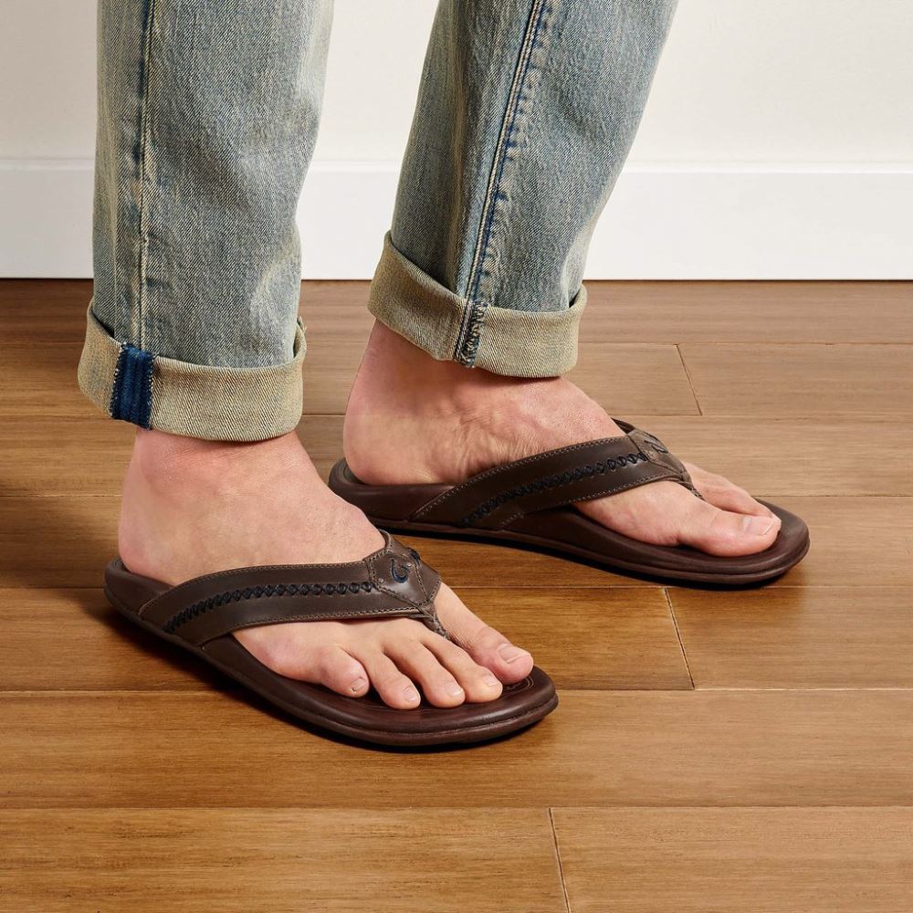 Mea Ola Men's Leather Sandals - Dark Shadow / Mustang