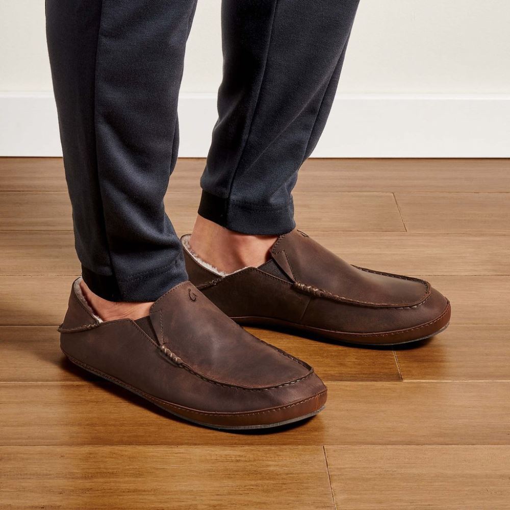 Moloa Men's Leather Slippers - Dark Wood