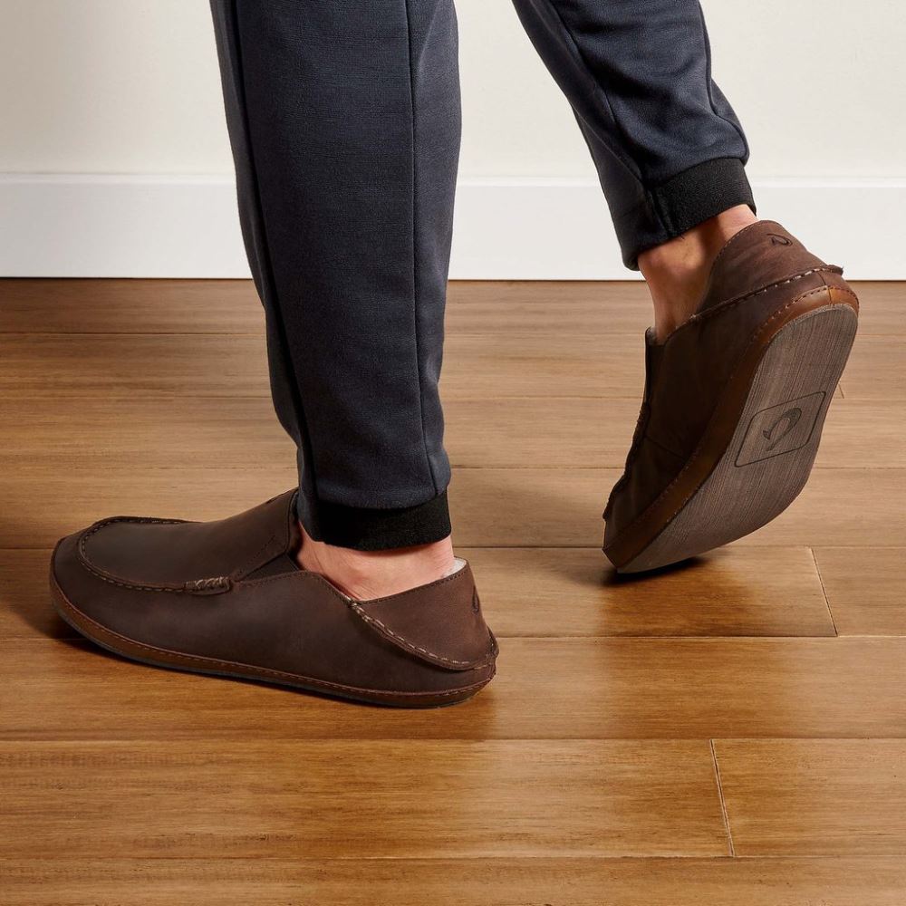 Moloa Men's Leather Slippers - Dark Wood